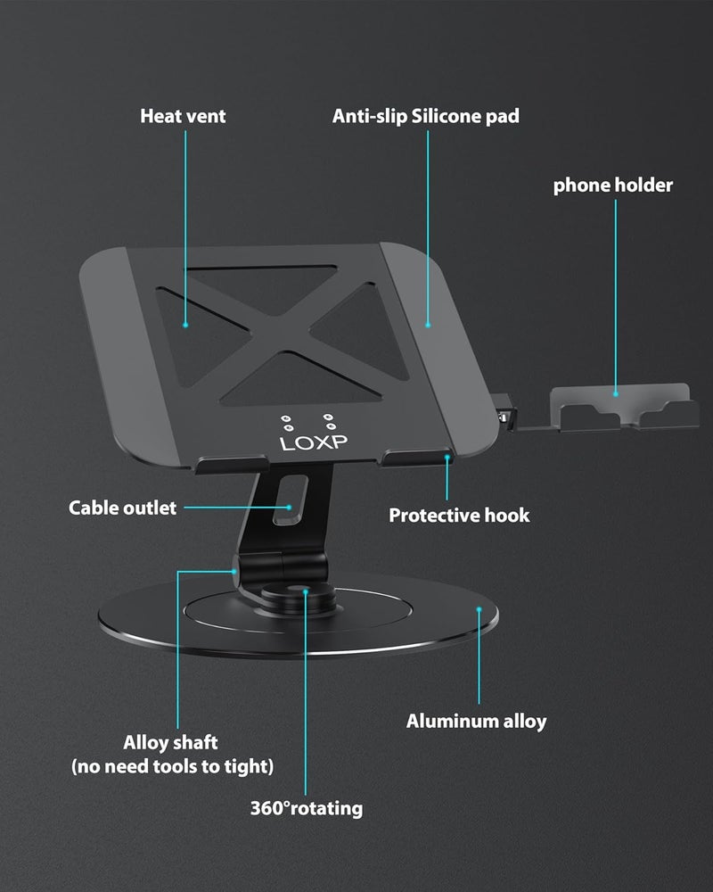 LOXP Adjustable 10-17.3" Laptop Stand for Desk with Larger Base & Phone Holder, Aluminum Desktop Organizer for Laptops, Ergonomic Laptop Riser Fits MacBook, HP, Dell, All Laptops - Image 4